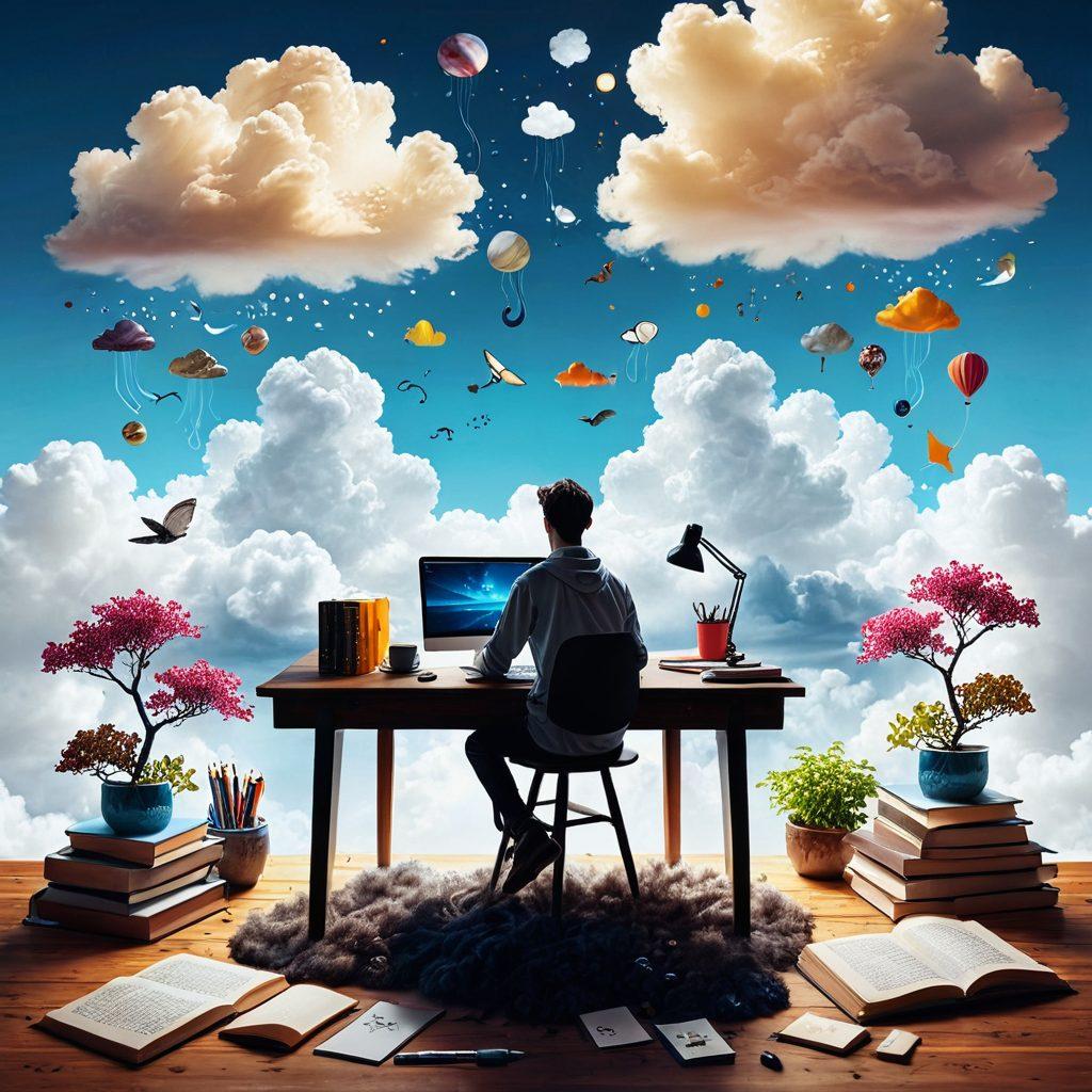 A person sitting at a cozy, well-lit desk, surrounded by floating digital story elements like books, pens, and creative icons. The background features a calming landscape that symbolizes mindful motivation, with clouds shaped like thought bubbles and inspirational quotes. Warm, inviting colors enhance the scene, creating a sense of tranquility and creativity. super-realistic. vibrant colors. white background.