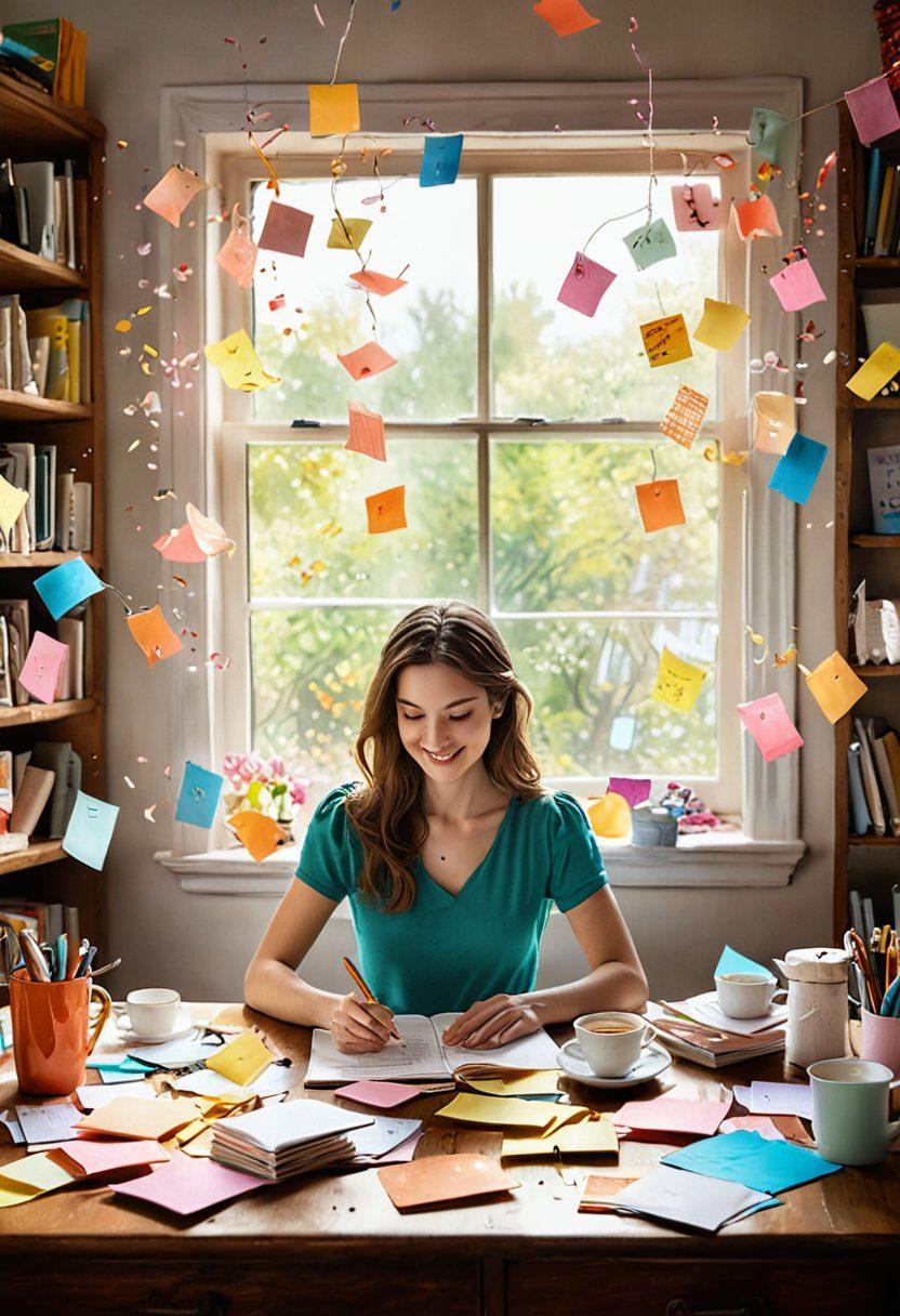 A joyful writer sitting at a sunlit desk, surrounded by colorful post-it notes and uplifting quotes, with a steaming cup of tea beside them. Create a whimsical atmosphere with floating hearts and light rays, enhancing a sense of well-being and creativity. Use a warm color palette with vibrant pastel tones. watercolor art style. vibrant colors.
