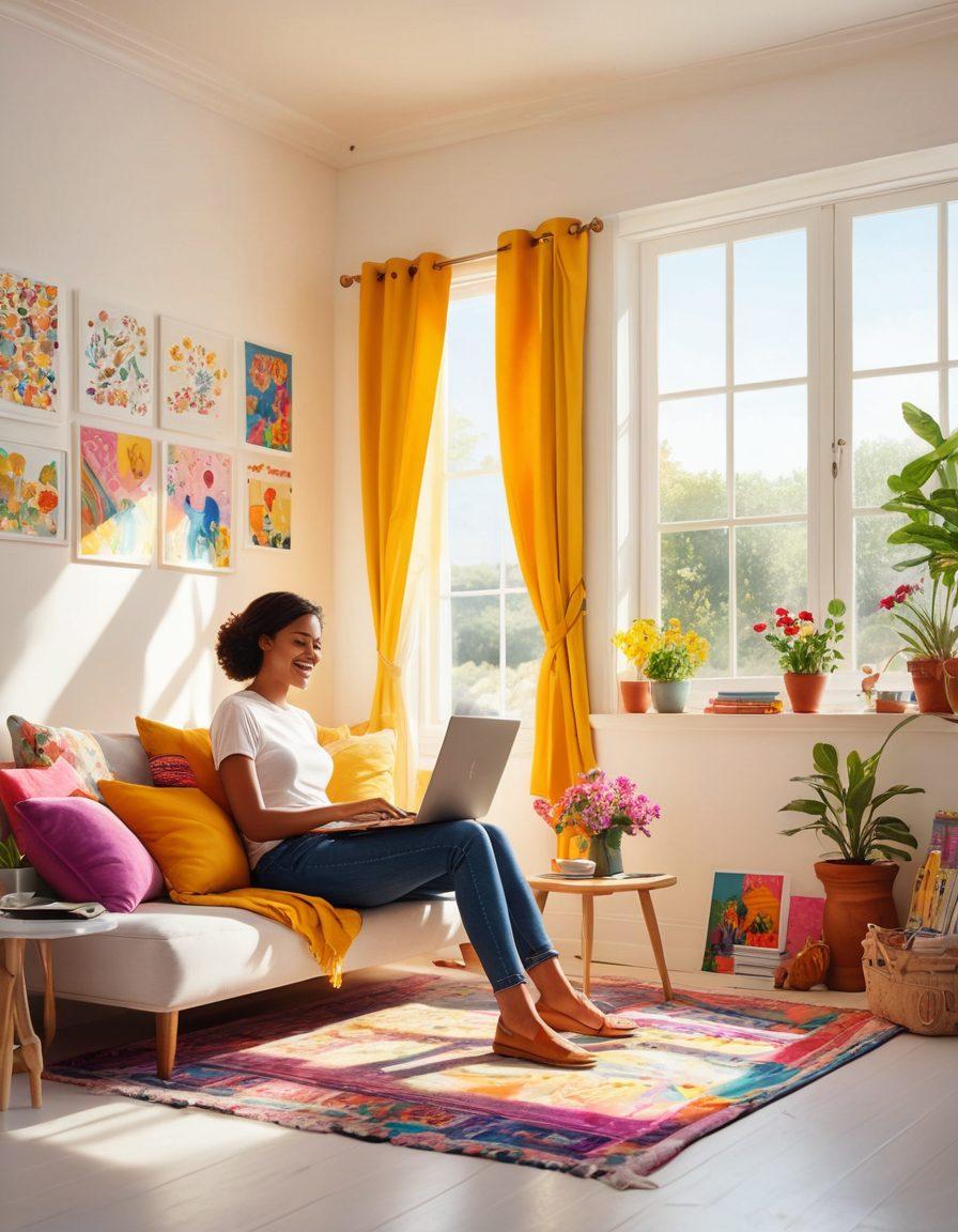 A vibrant, uplifting scene that represents the joy of positive thinking and digital storytelling, featuring a person sitting at a laptop in a sunlit room, surrounded by colorful illustrations and stories emerging from the screen, symbolizing creativity and inspiration. Bright colors, a cheerful atmosphere, and a whimsical feel to convey the power of positivity. super-realistic. vibrant colors. white background.